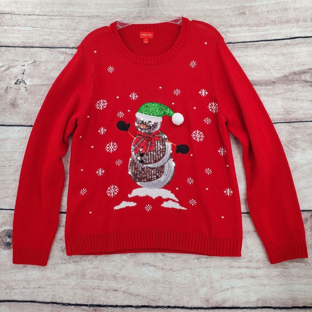 Holiday Lane Sweater Womens XL Red Sequin Snowman 3D Ugly Christmas Pullover